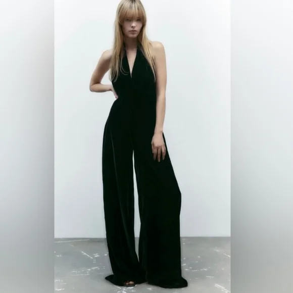 Zara | Pants & Jumpsuits | Zara Velvet Long Jumpsuit Halter
